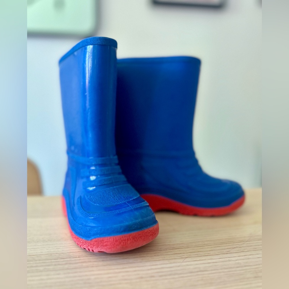 Rubber rain boots blue and red made in Canada